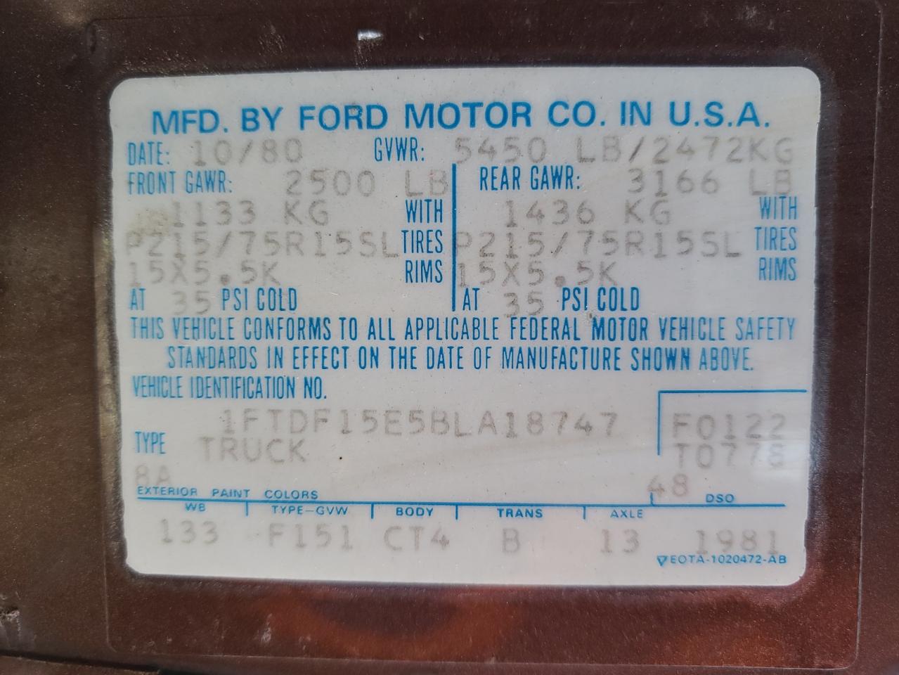 Photo 10 from auction – 1981 FORD F150 with VIN 1FTDF15E5BLA18747