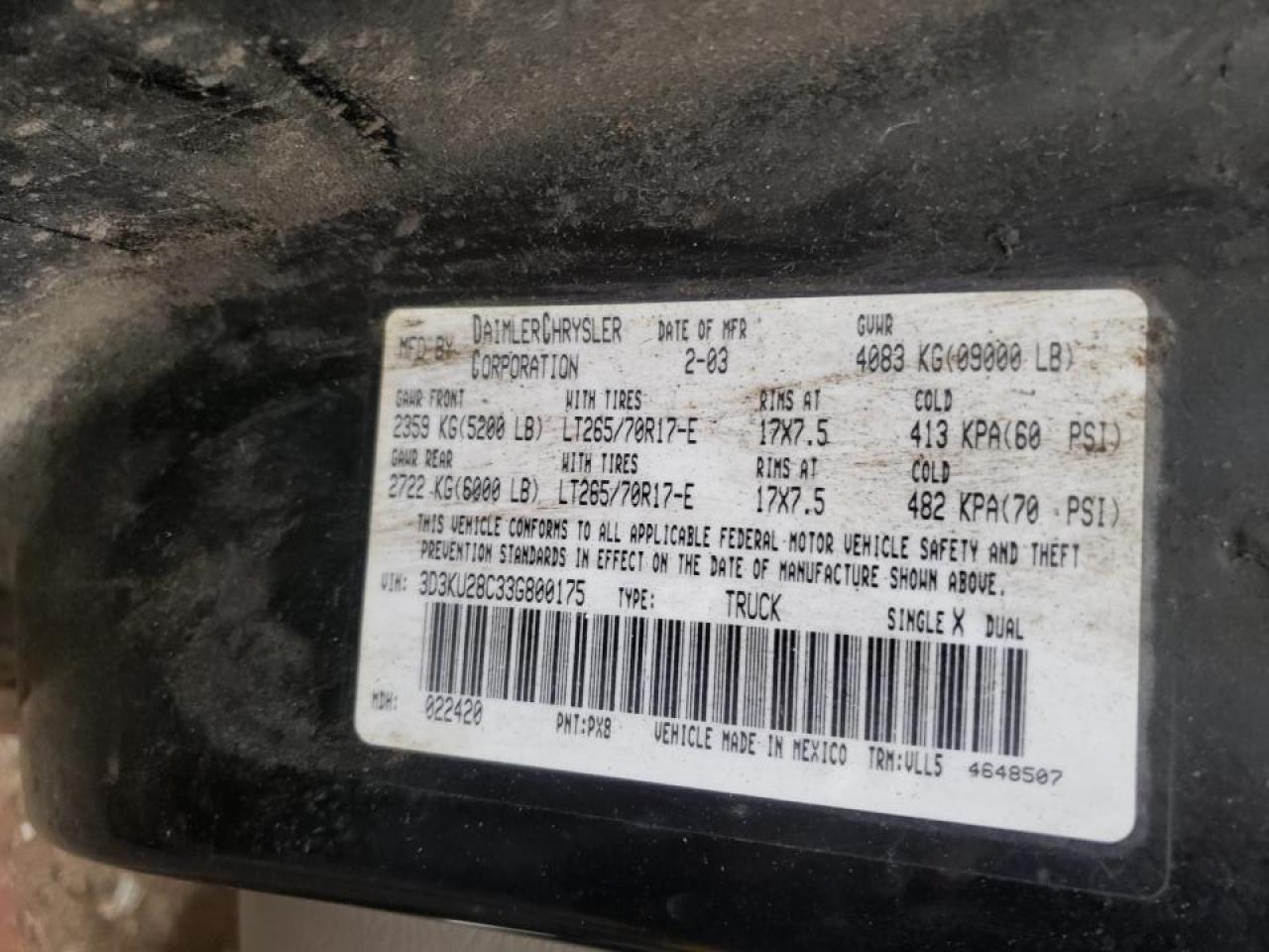 Photo 10 from auction – 2003 DODGE RAM 2500 S with VIN 3D3KU28C33G800175