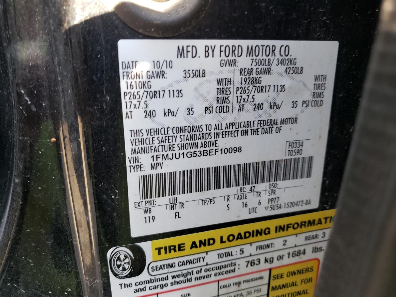 Foto 10 de la subasta – 2011 FORD EXPEDITION con VIN 1FMJU1G53BEF10098