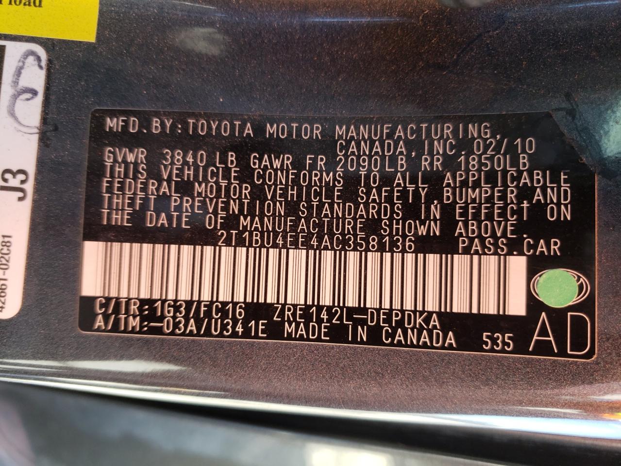 Photo 10 from auction – 2010 TOYOTA COROLLA BA with VIN 2T1BU4EE4AC358136