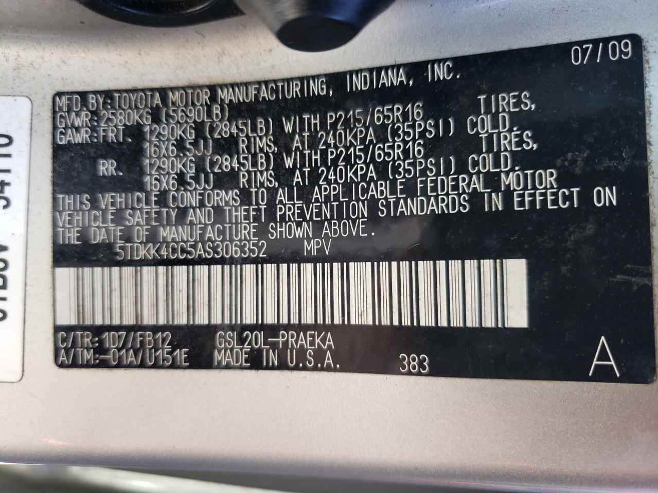 Photo 10 from auction – 2010 TOYOTA SIENNA CE with VIN 5TDKK4CC5AS306352