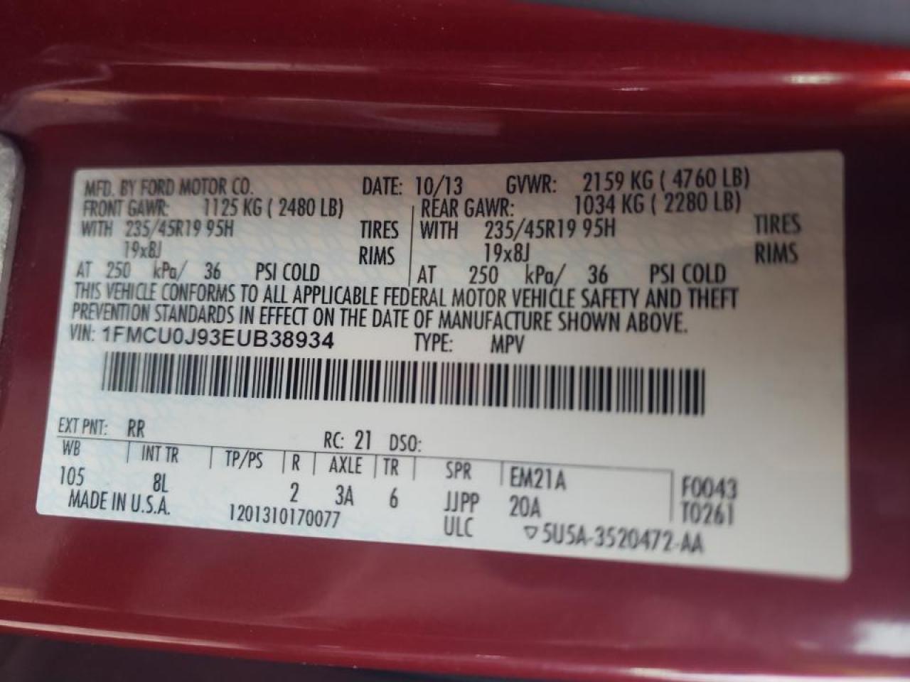 Photo 10 from auction – 2014 FORD ESCAPE TIT with VIN 1FMCU0J93EUB38934