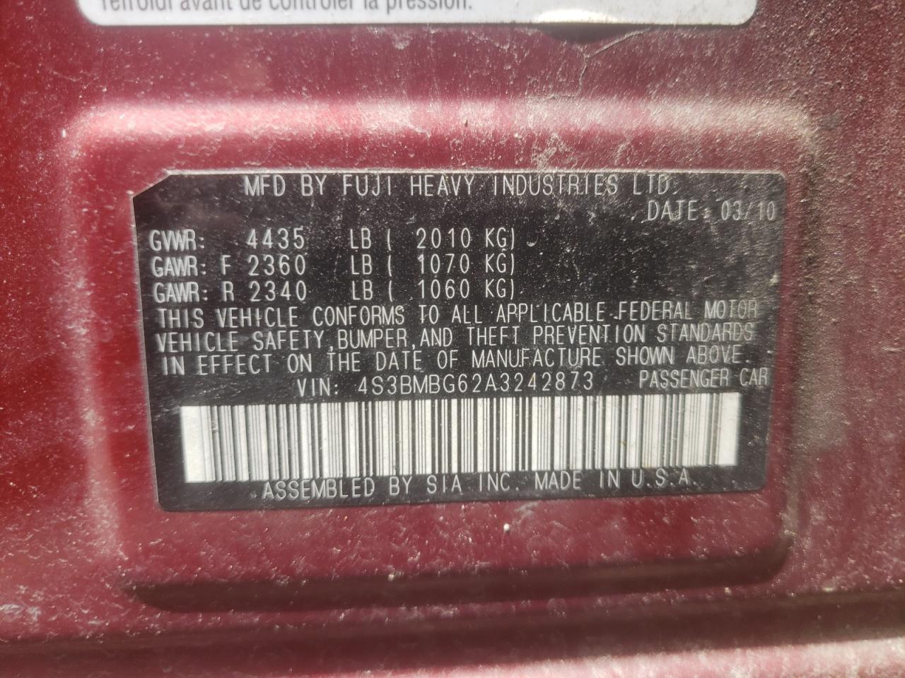 Photo 10 from auction – 2010 SUBARU LEGACY 2.5 with VIN 4S3BMBG62A3242873