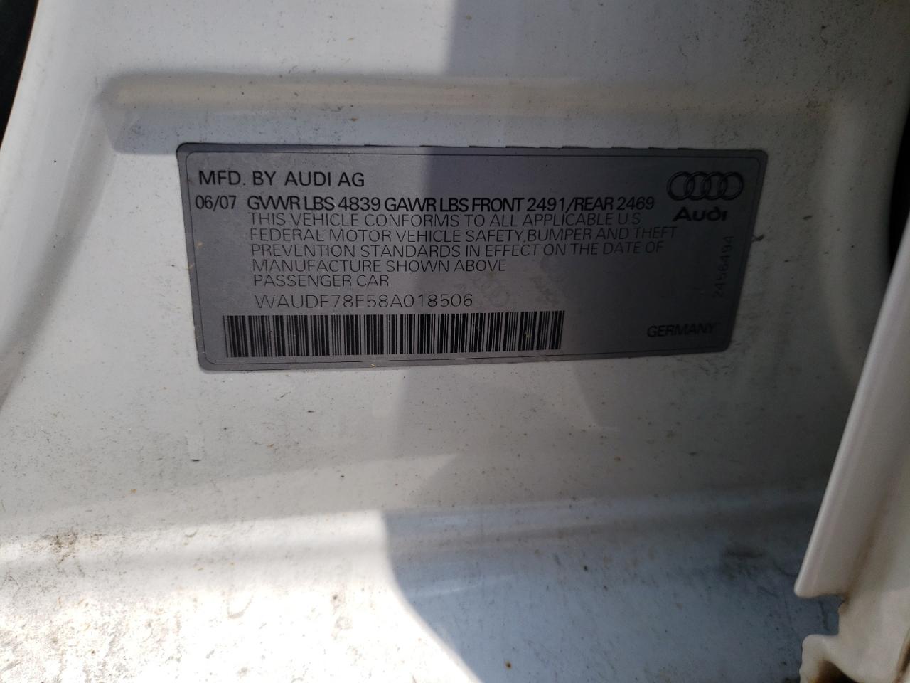 Photo 10 from auction – 2008 AUDI A4 2.0T QU with VIN WAUDF78E58A018506
