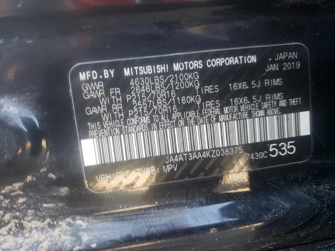 Photo 10 from auction – 2019 MITSUBISHI ECLIPSE CR with VIN JA4AT3AA4KZ038375