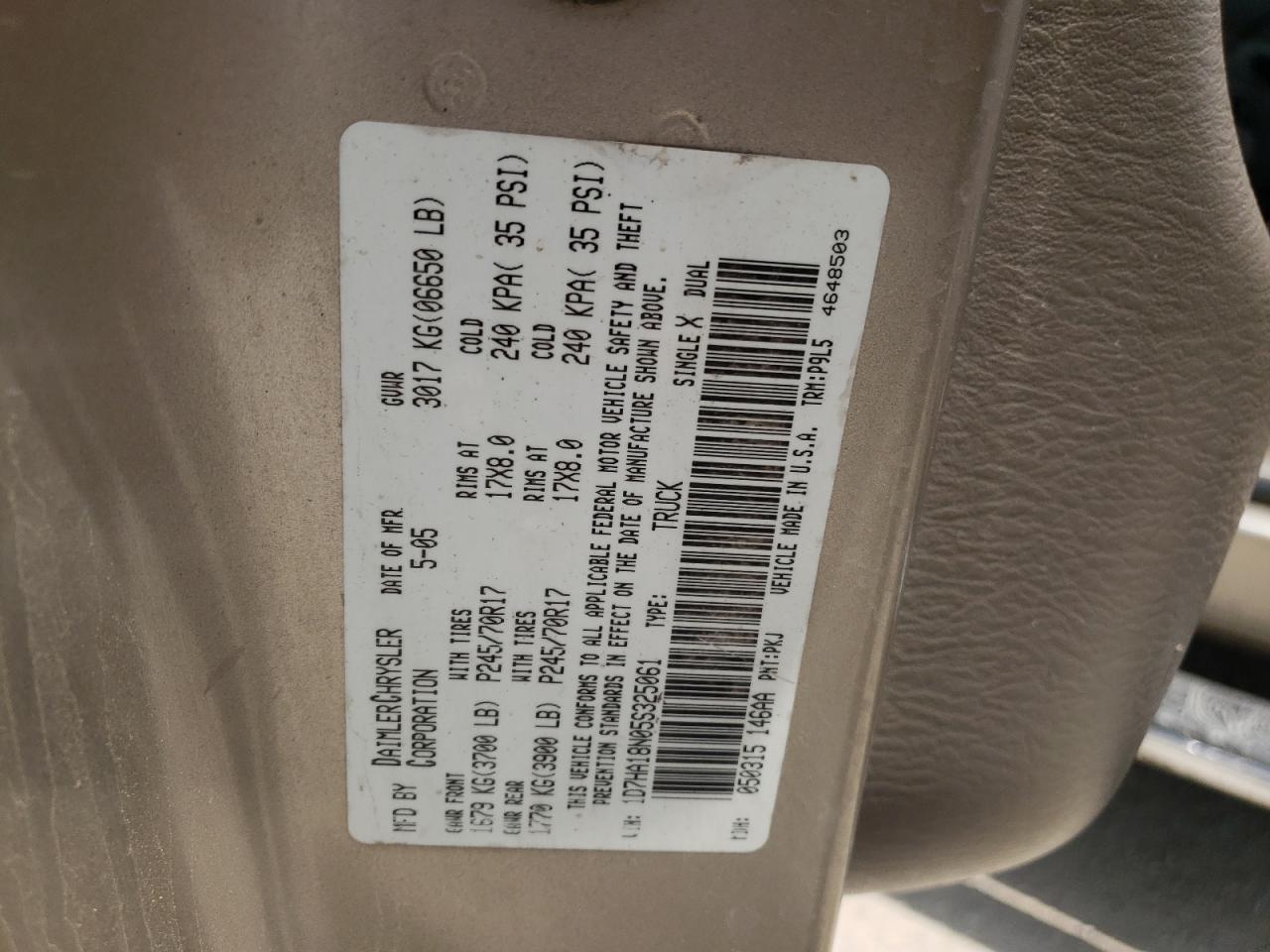 Photo 10 from auction – 2005 DODGE RAM 1500 S with VIN 1D7HA18N05S325061