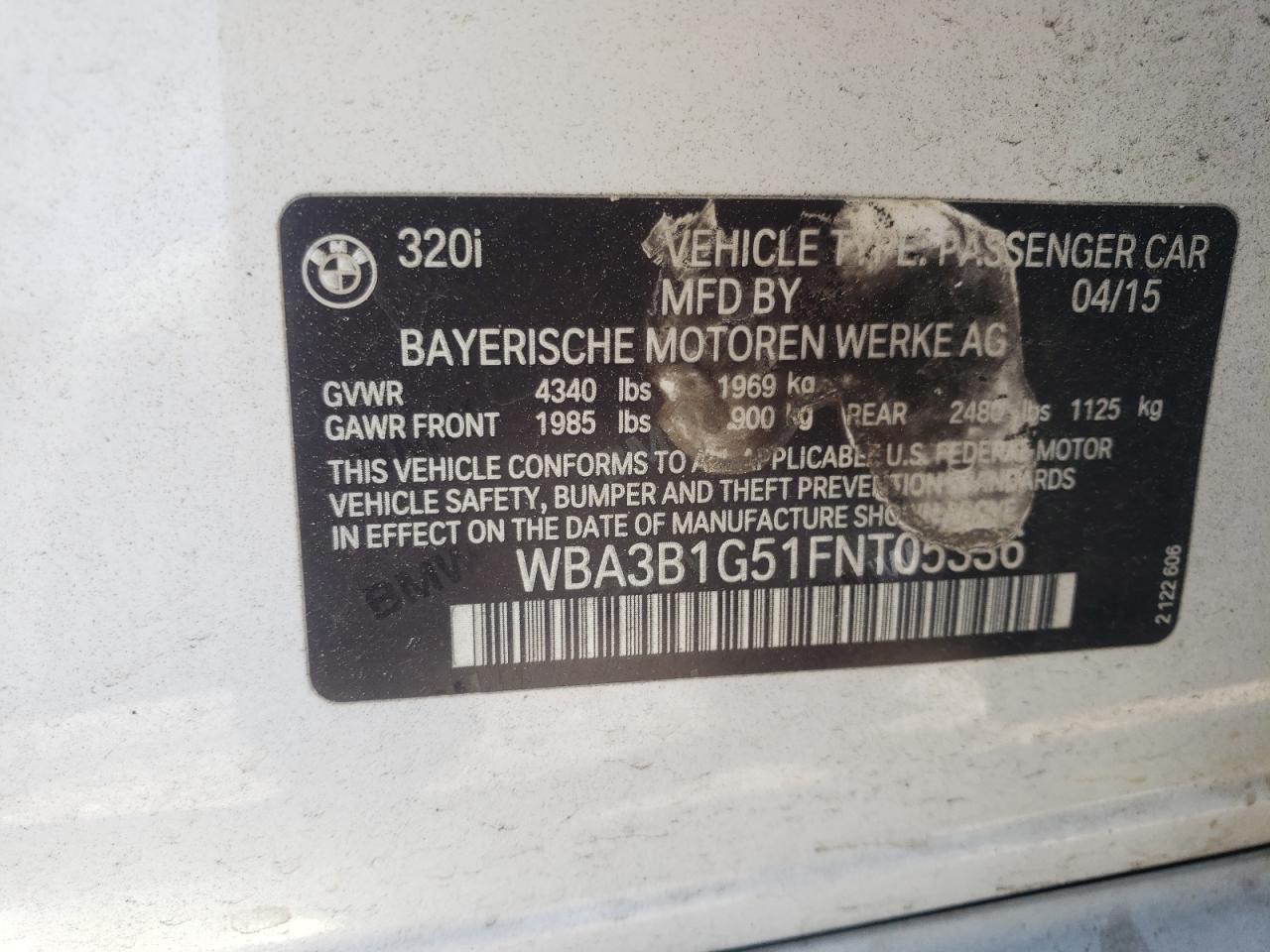 Photo 11 from auction – 2015 BMW 320 I with VIN WBA3B1G51FNT05336