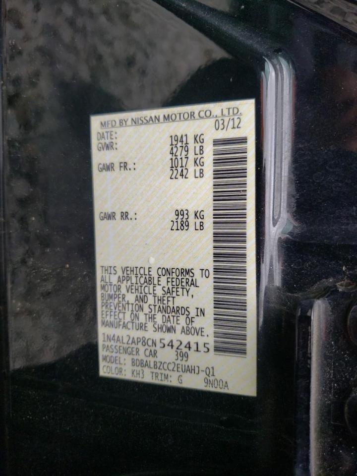 Photo 10 from auction – 2012 NISSAN ALTIMA BAS with VIN 1N4AL2AP8CN542415