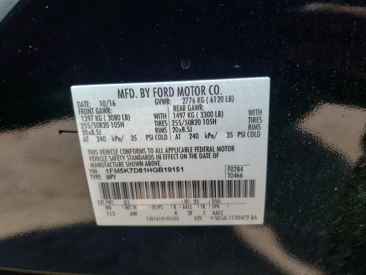Photo 10 from auction – 2017 FORD EXPLORER X with VIN 1FM5K7D81HGB19151