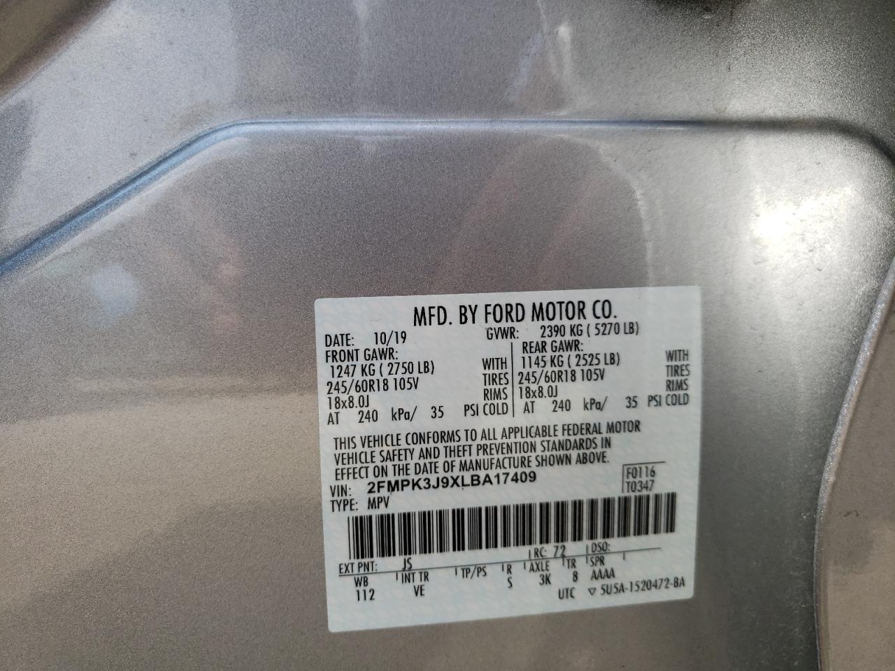 Photo 10 from auction – 2020 FORD EDGE SEL with VIN 2FMPK3J9XLBA17409
