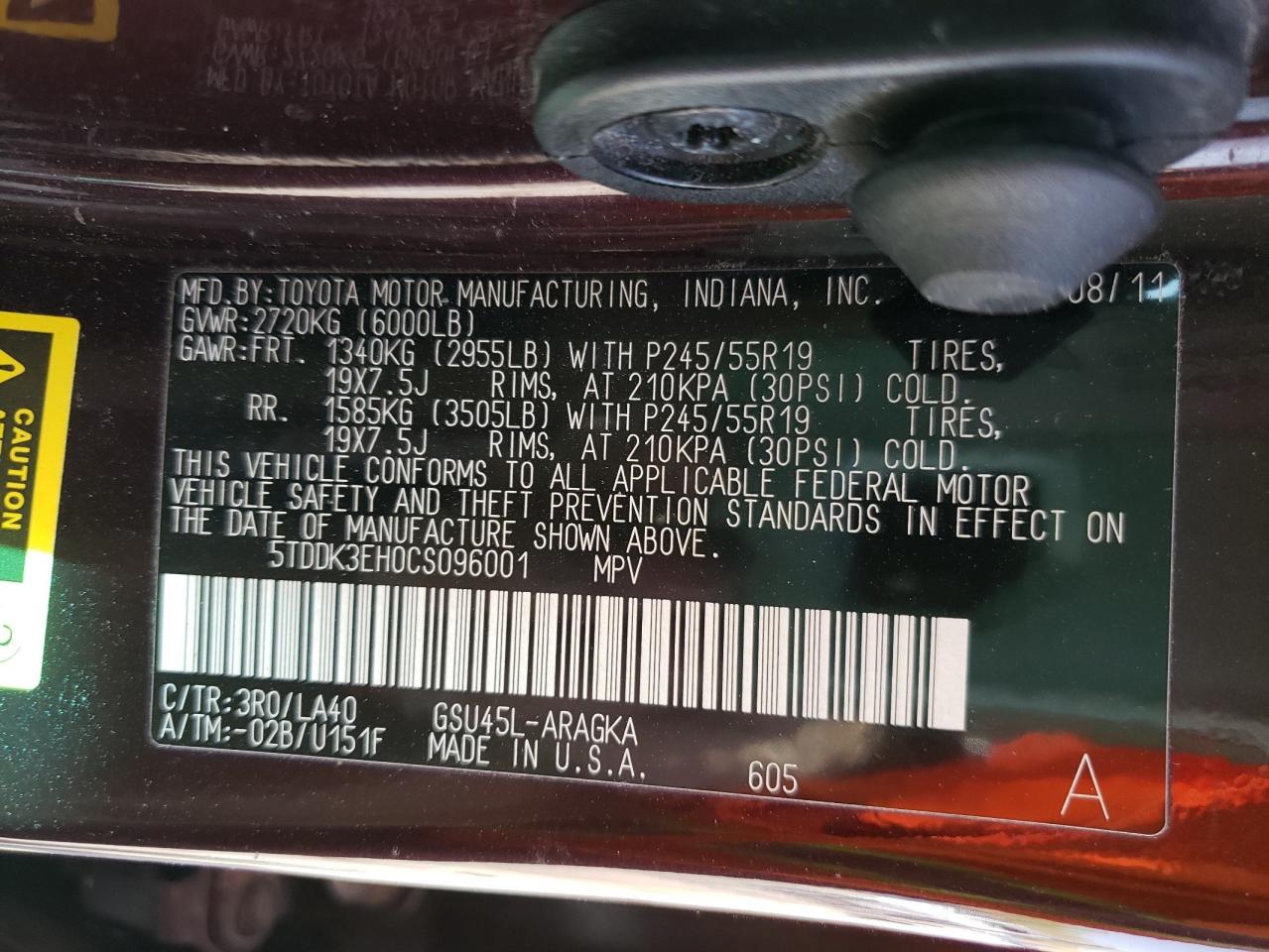 Photo 10 from auction – 2012 TOYOTA HIGHLANDER with VIN 5TDDK3EH0CS096001