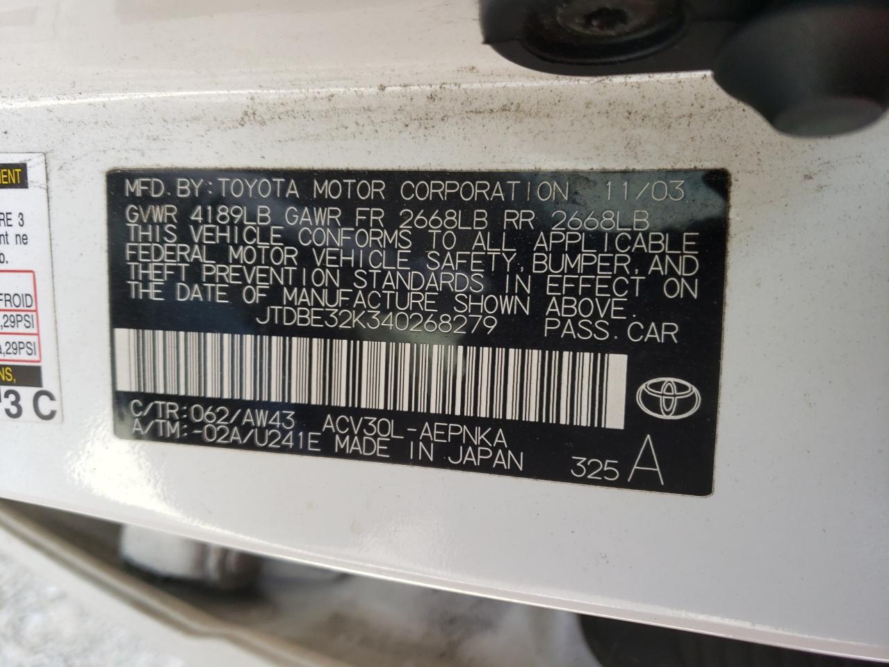 Photo 10 from auction – 2004 TOYOTA CAMRY LE with VIN JTDBE32K340268279