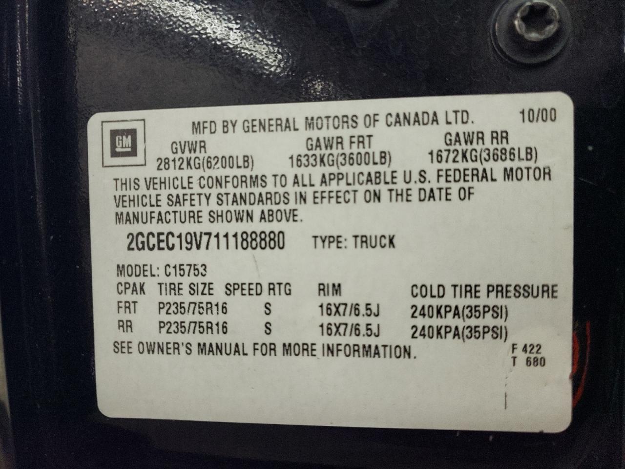Photo 10 from auction – 2001 CHEVROLET SILVERADO with VIN 2GCEC19V711188880