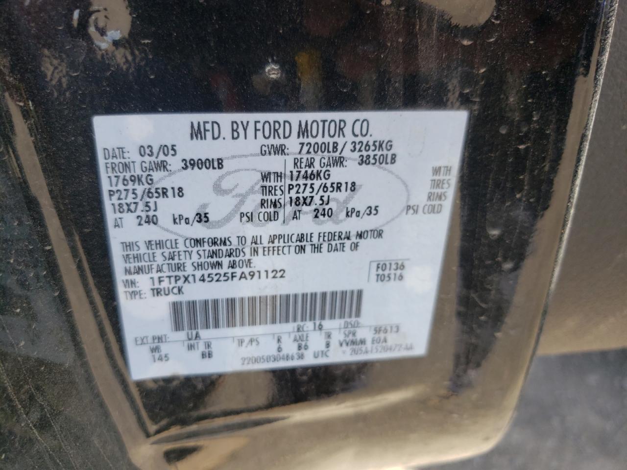Photo 10 from auction – 2005 FORD F150 with VIN 1FTPX14525FA91122