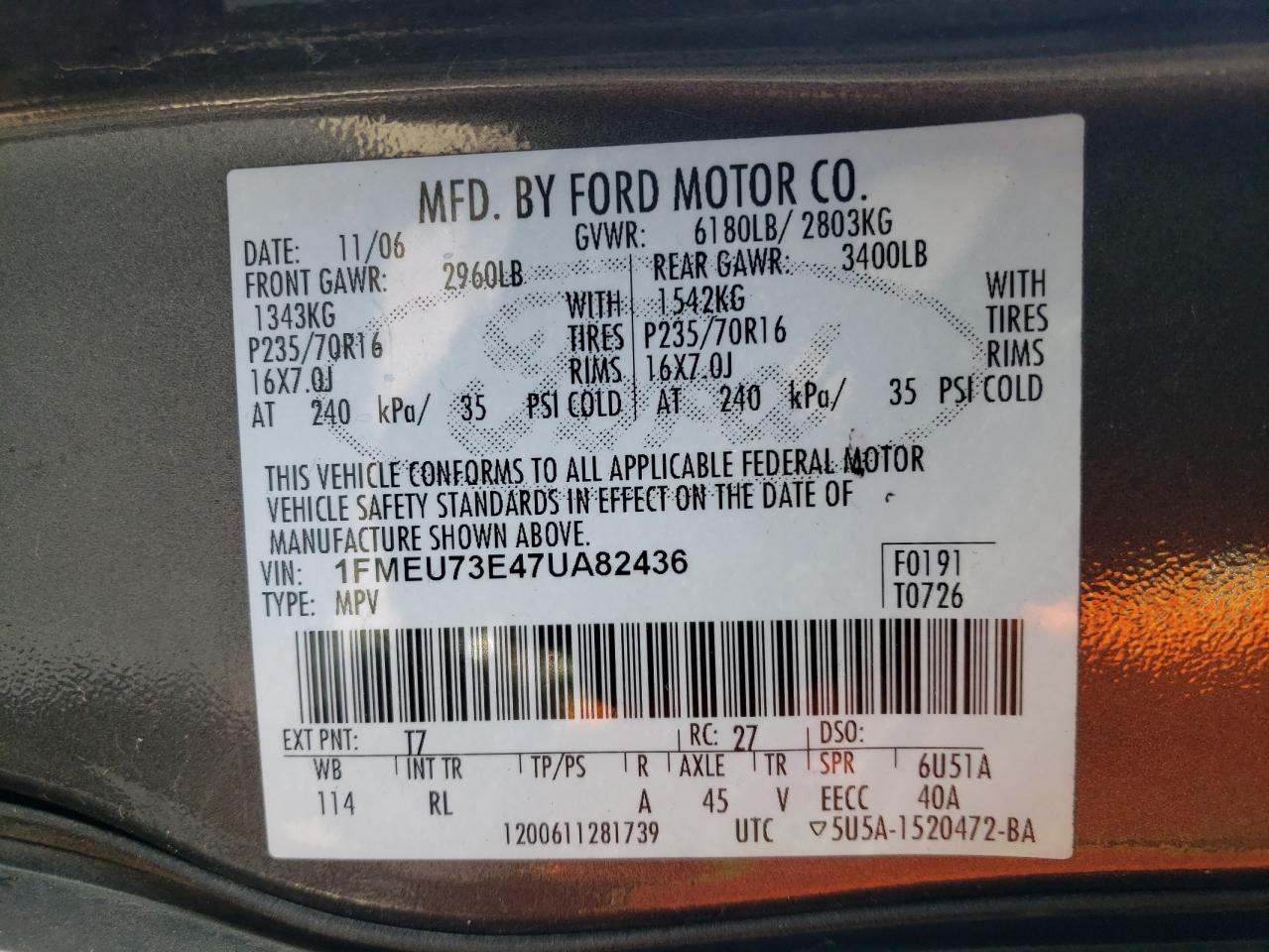 Photo 10 from auction – 2007 FORD EXPLORER X with VIN 1FMEU73E47UA82436