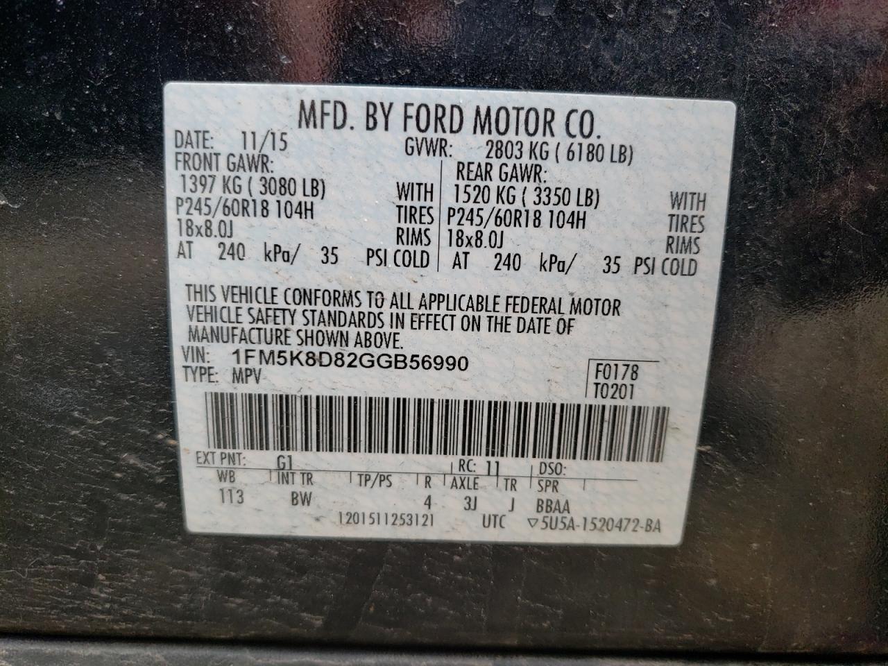 Photo 10 from auction – 2016 FORD EXPLORER X with VIN 1FM5K8D82GGB56990