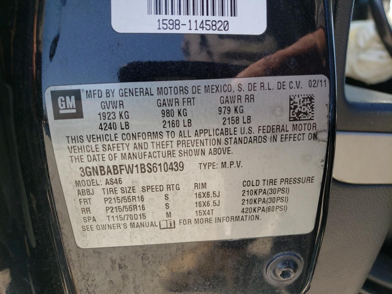 Photo 10 from auction – 2011 CHEVROLET HHR LT with VIN 3GNBABFW1BS610439