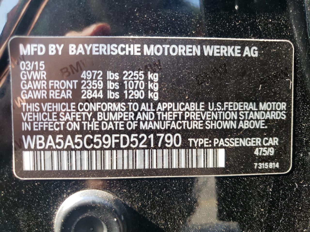 Photo 10 from auction – 2015 BMW 528 I with VIN WBA5A5C59FD521790