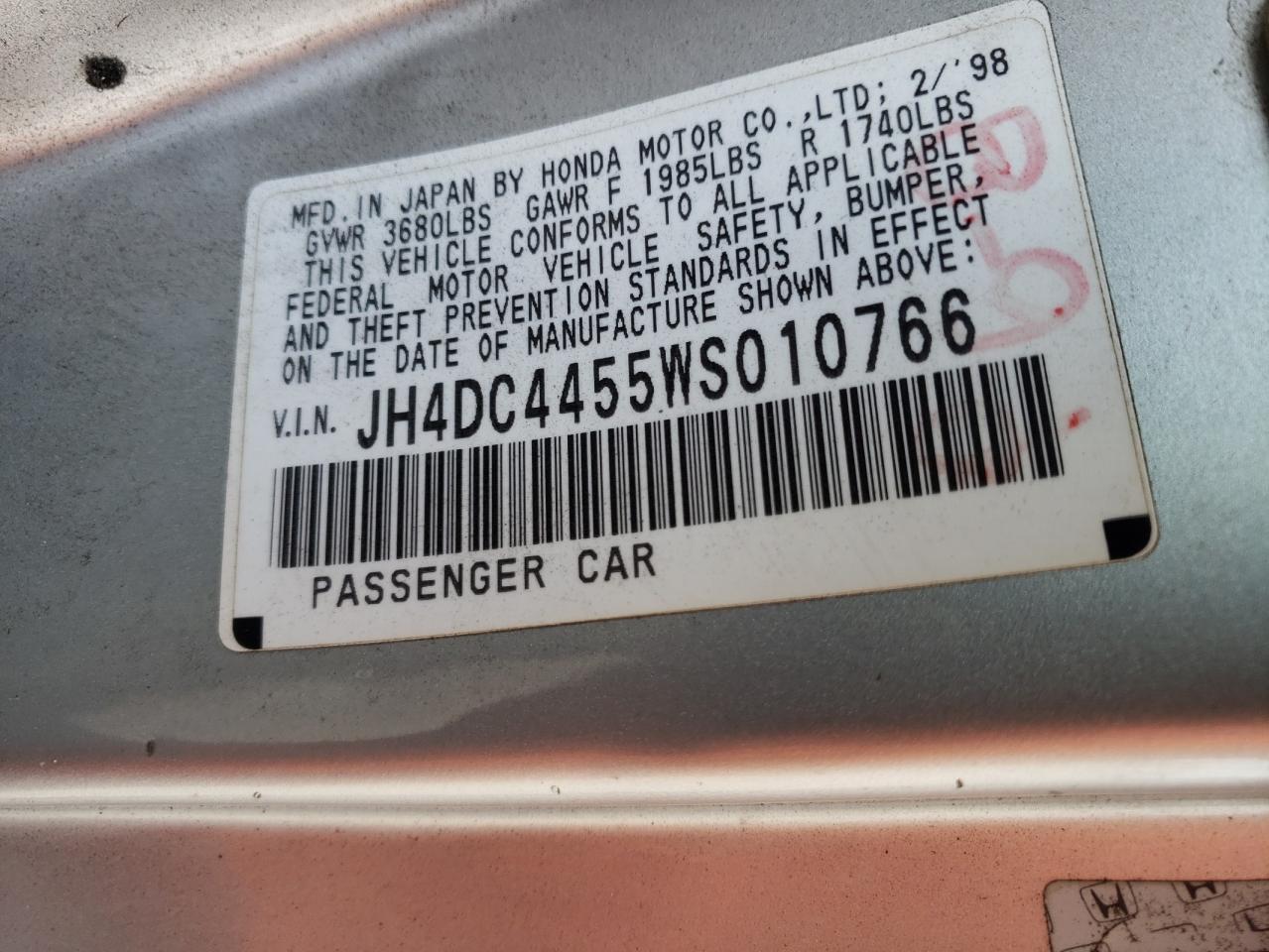 Photo 10 from auction – 1998 ACURA INTEGRA LS with VIN JH4DC4455WS010766