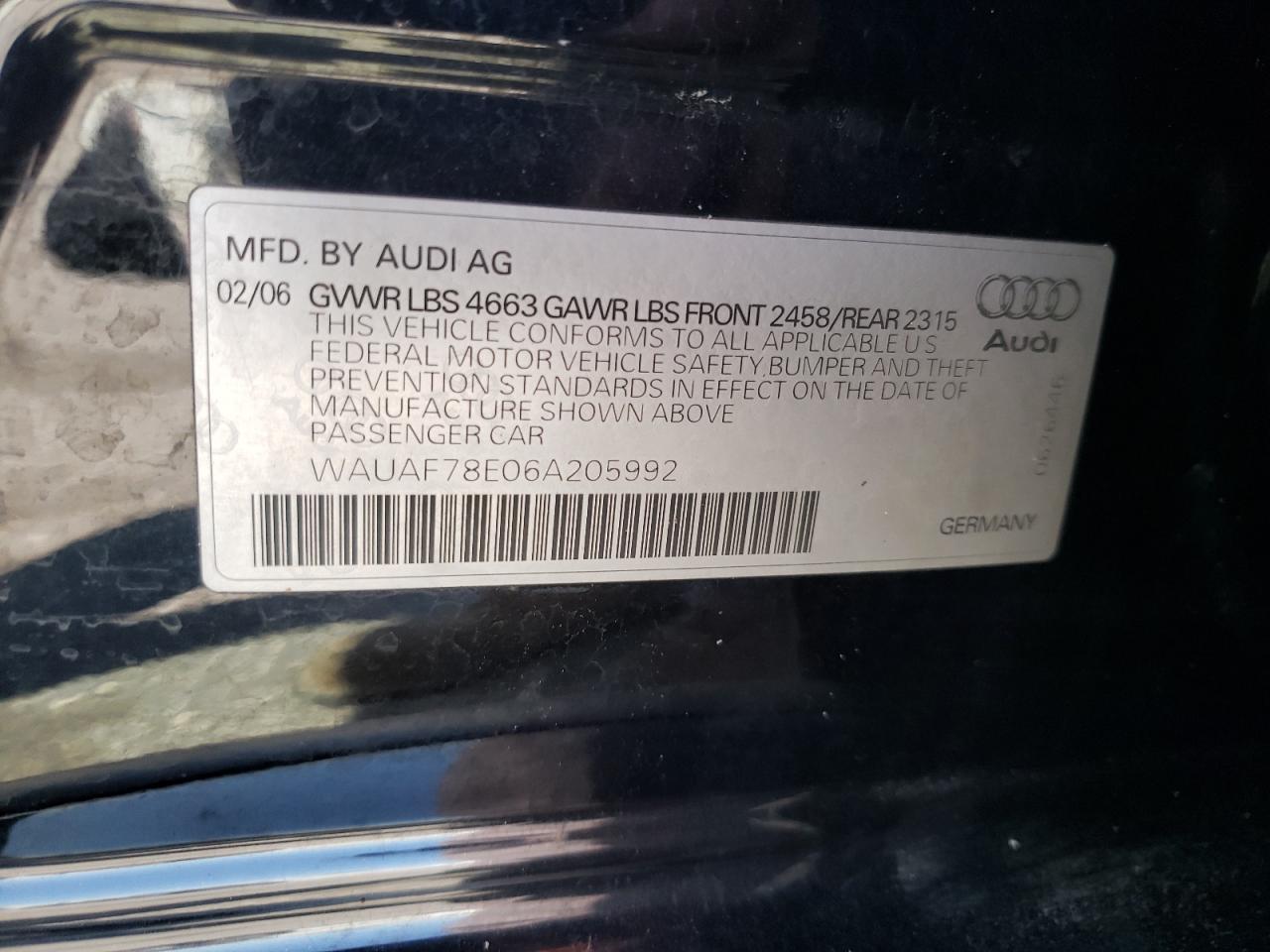 Photo 10 from auction – 2006 AUDI A4 2 TURBO with VIN WAUAF78E06A205992