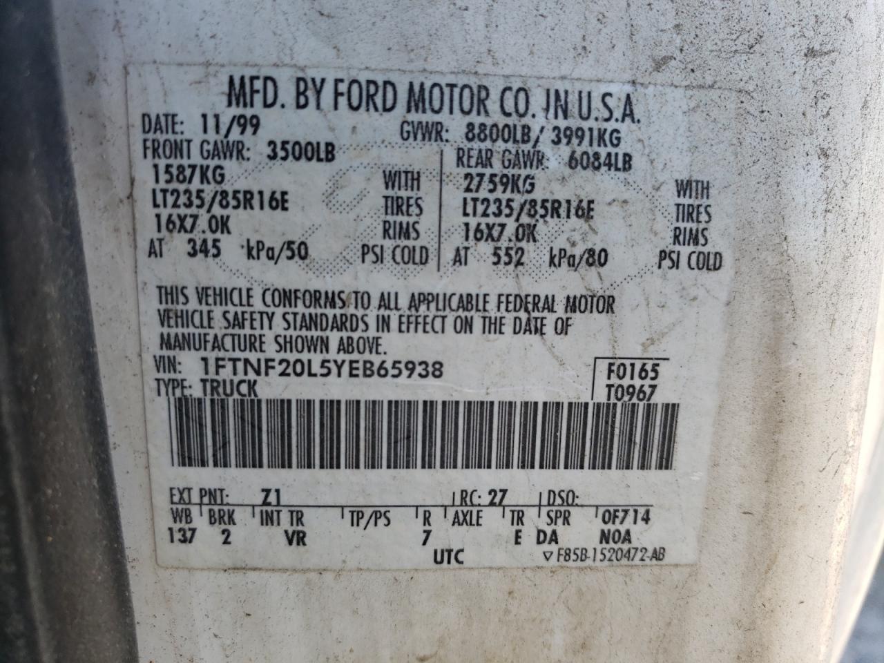 Photo 10 from auction – 2000 FORD F250 SUPER with VIN 1FTNF20L5YEB65938