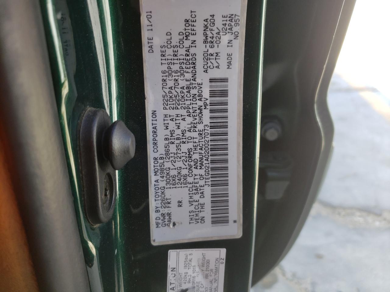 Photo 10 from auction – 2002 TOYOTA HIGHLANDER with VIN JTEGD21A020027073