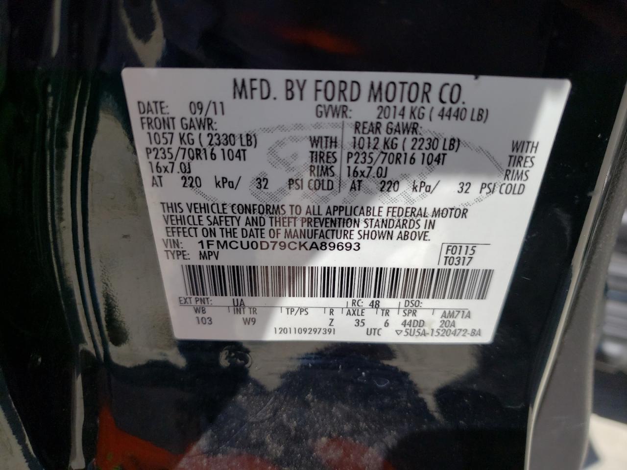 Photo 10 from auction – 2012 FORD ESCAPE XLT with VIN 1FMCU0D79CKA89693