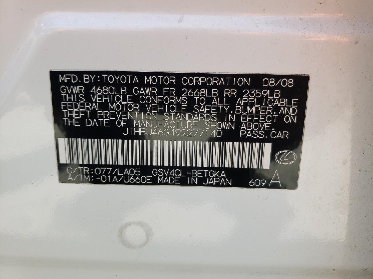 Photo 10 from auction – 2009 LEXUS ES 350 with VIN JTHBJ46G492277140