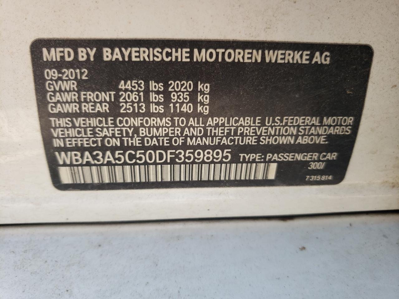 Photo 10 from auction – 2013 BMW 328 I with VIN WBA3A5C50DF359895