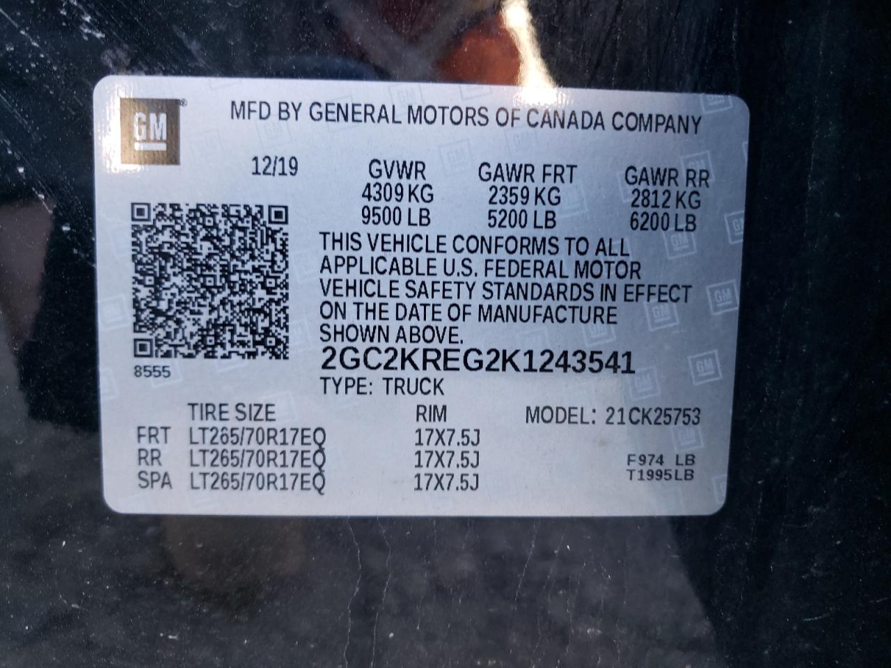 Photo 10 from auction – 2019 CHEVROLET SILVERADO with VIN 2GC2KREG2K1243541