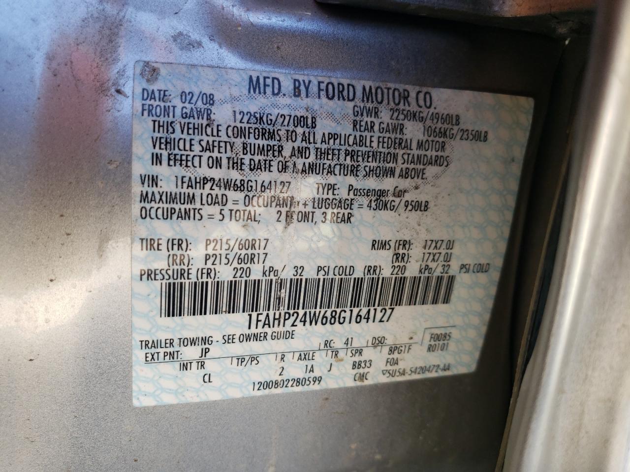 Photo 10 from auction – 2008 FORD TAURUS SEL with VIN 1FAHP24W68G164127