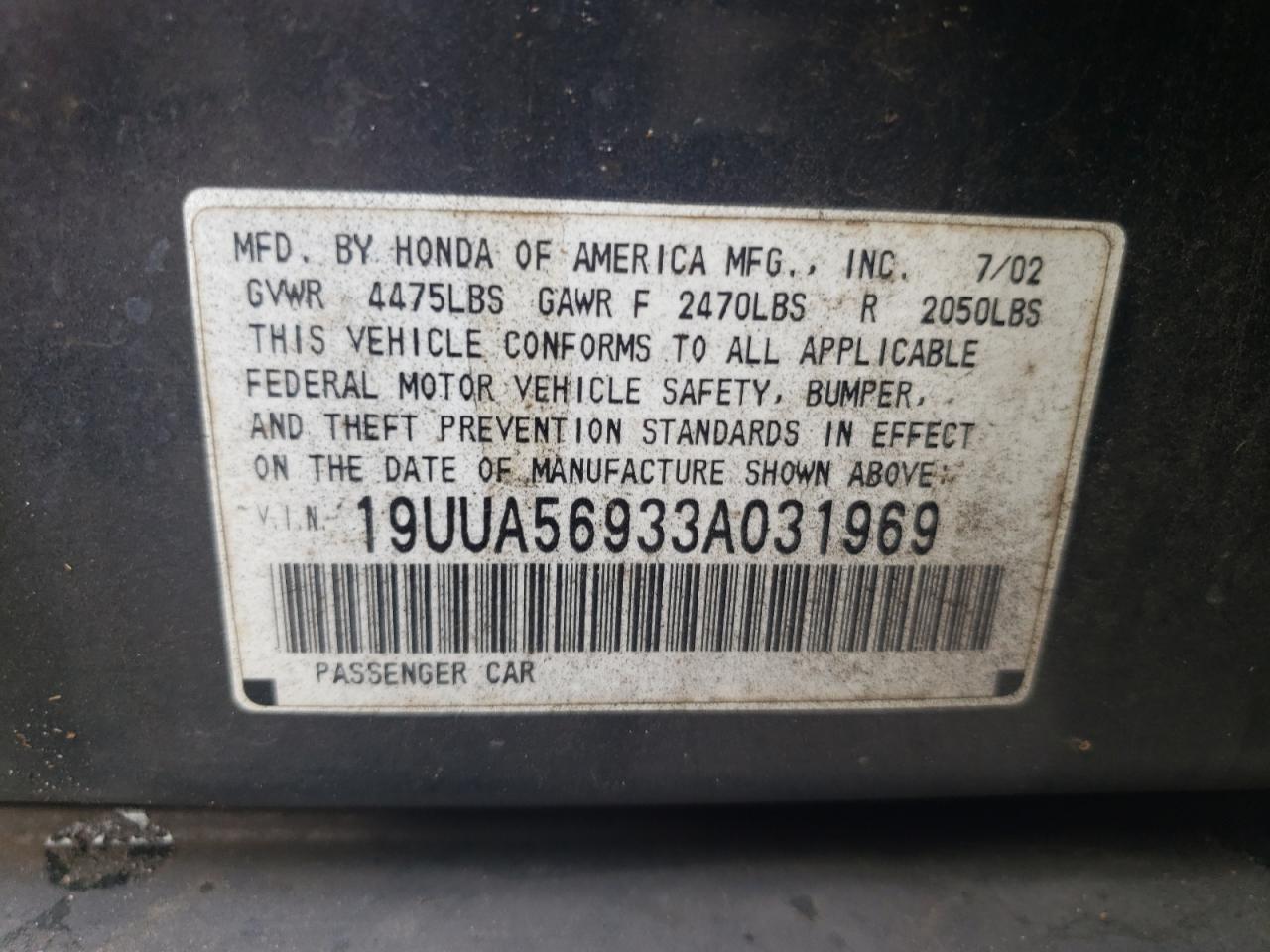 Photo 10 from auction – 2003 ACURA 3.2TL TYPE with VIN 19UUA56933A031969