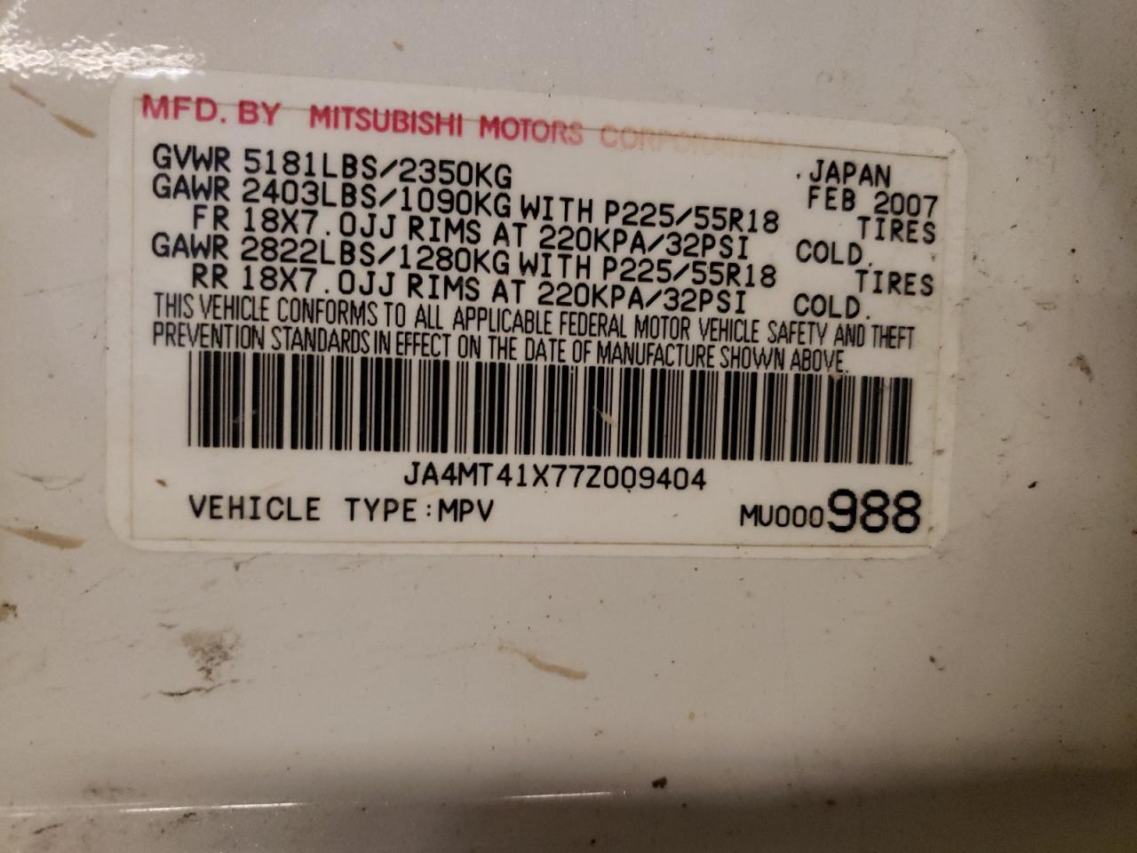 Photo 10 from auction – 2007 MITSUBISHI OUTLANDER with VIN JA4MT41X77Z009404