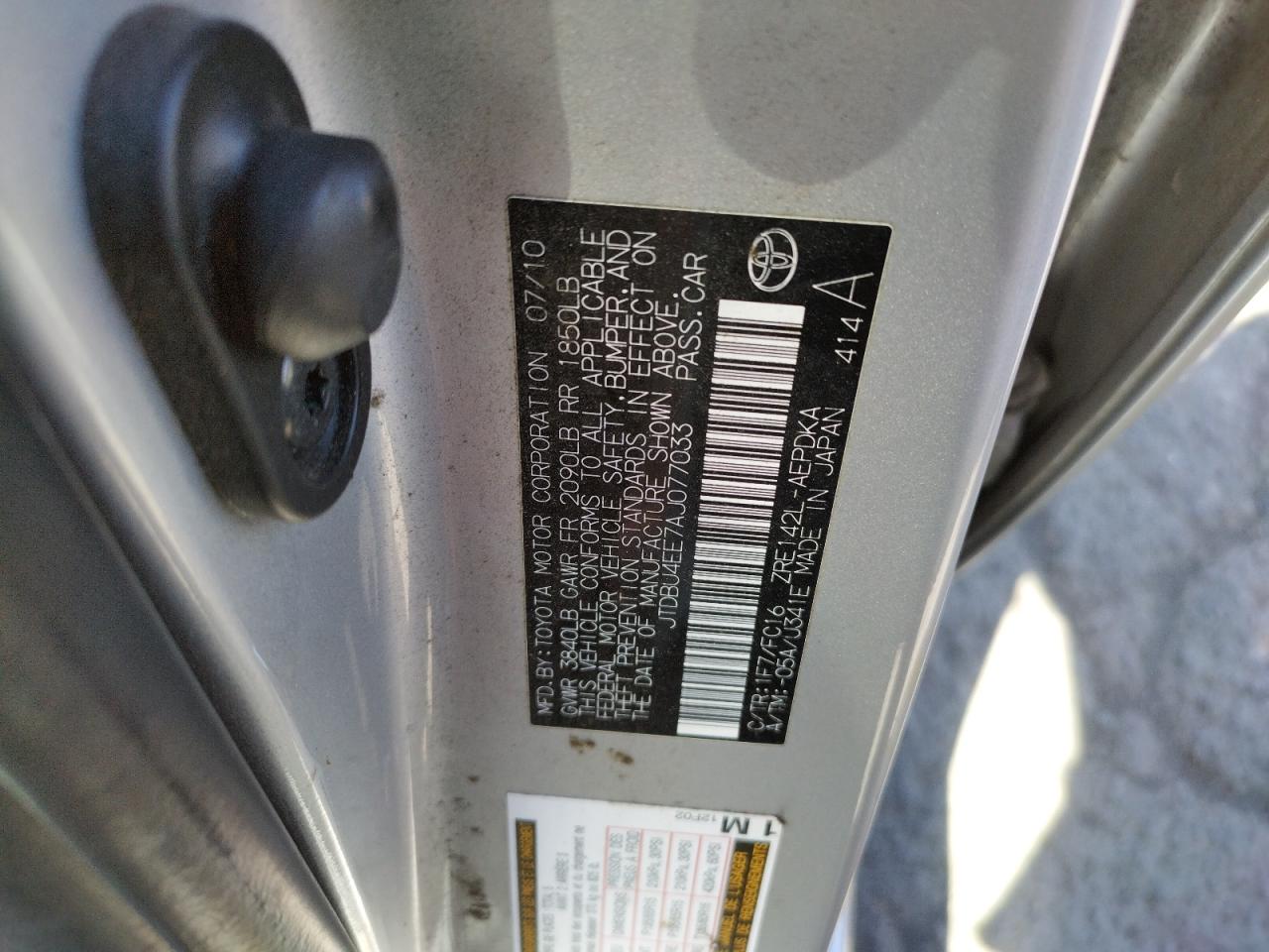 Photo 10 from auction – 2010 TOYOTA COROLLA BA with VIN JTDBU4EE7AJ077033