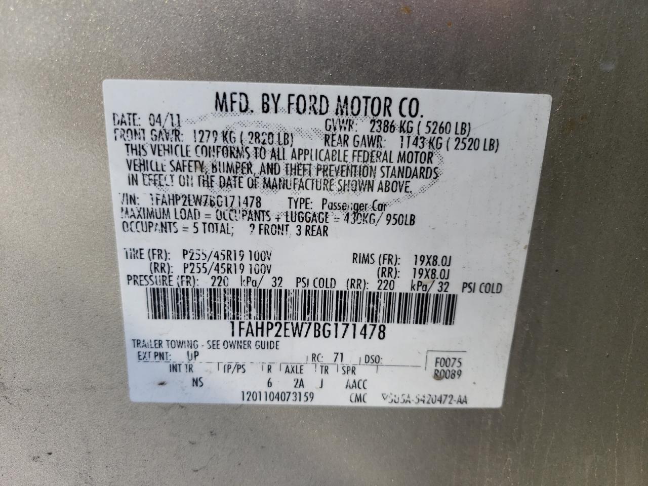 Photo 10 from auction – 2011 FORD TAURUS SEL with VIN 1FAHP2EW7BG171478