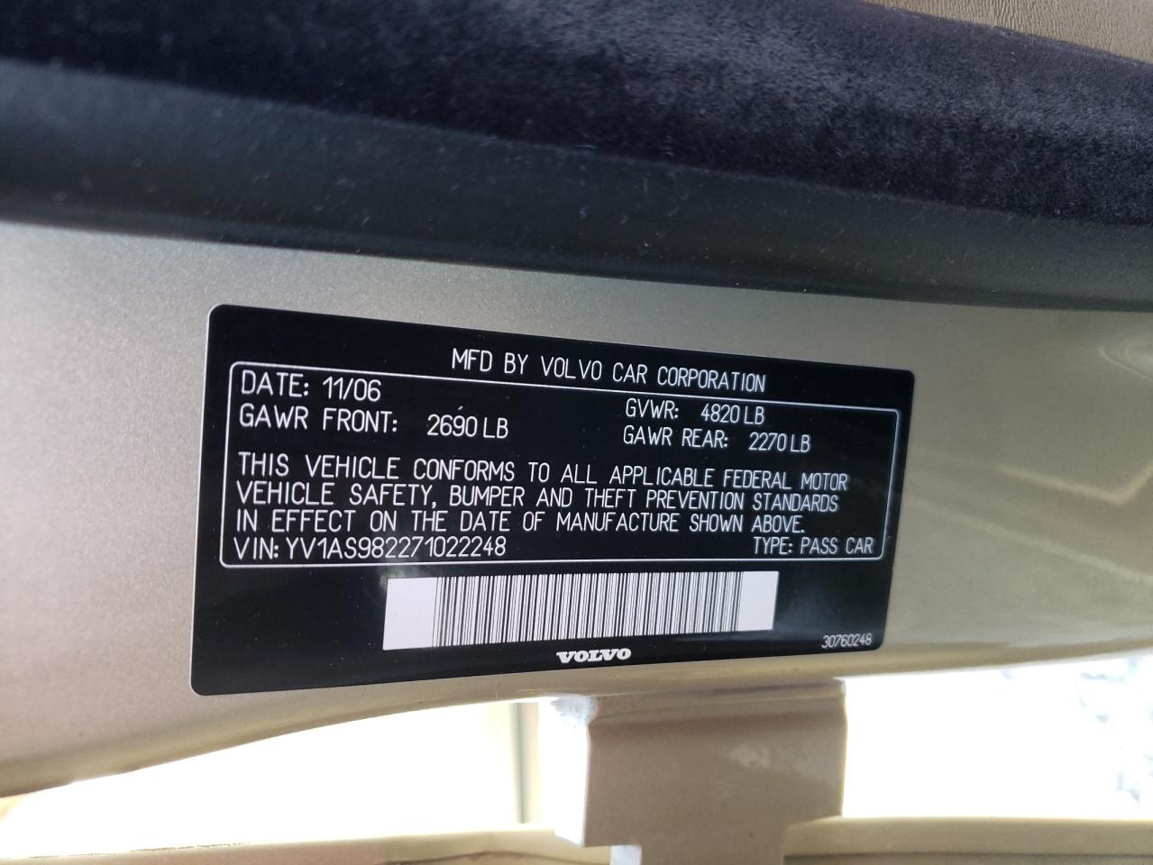 Photo 10 from auction – 2007 VOLVO S80 with VIN YV1AS982271022248