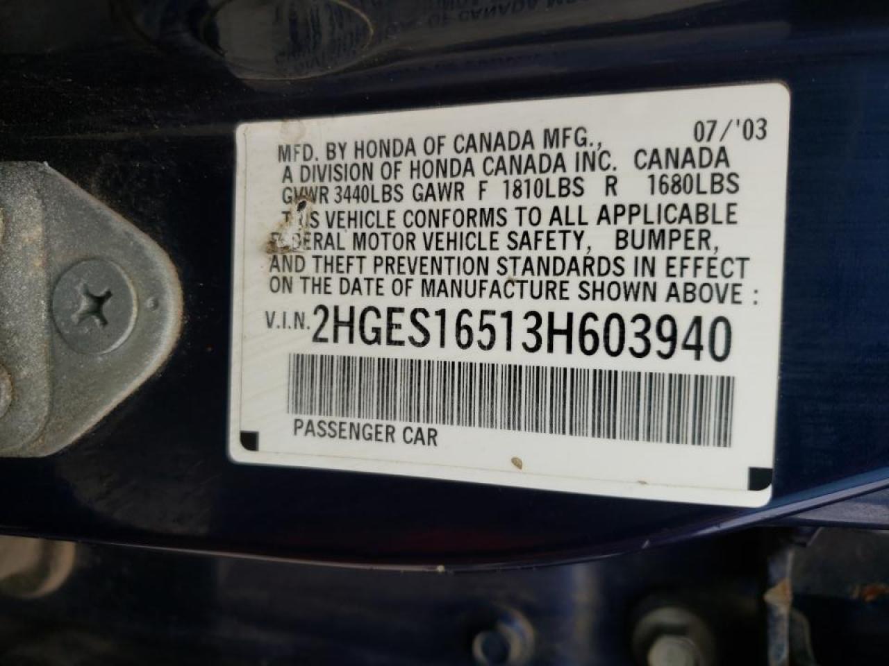 Photo 10 from auction – 2003 HONDA CIVIC LX with VIN 2HGES16513H603940