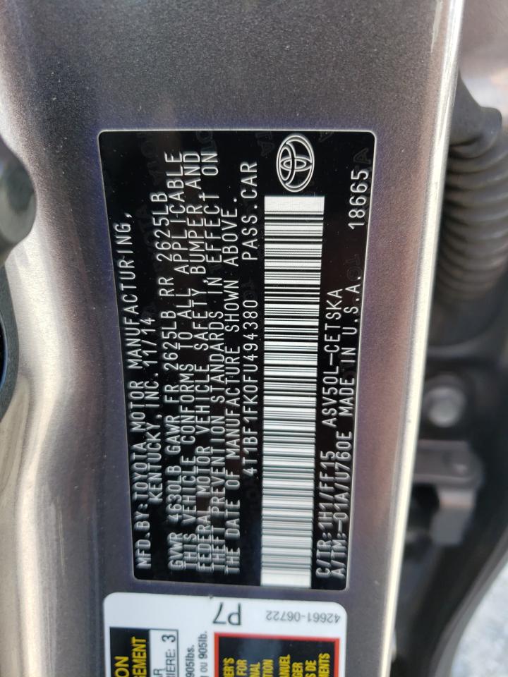 Photo 10 from auction – 2015 TOYOTA CAMRY LE with VIN 4T1BF1FK0FU494380
