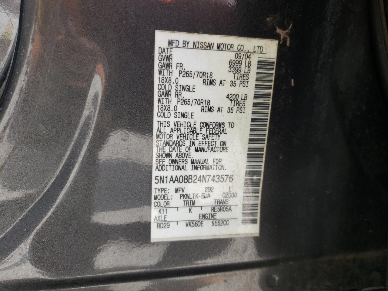 Photo 10 from auction – 2004 NISSAN ARMADA SE with VIN 5N1AA08B24N743576