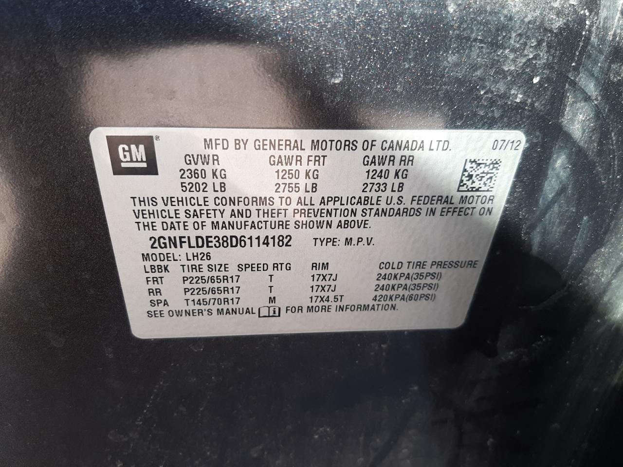 Photo 11 from auction – 2013 CHEVROLET EQUINOX LT with VIN 2GNFLDE38D6114182