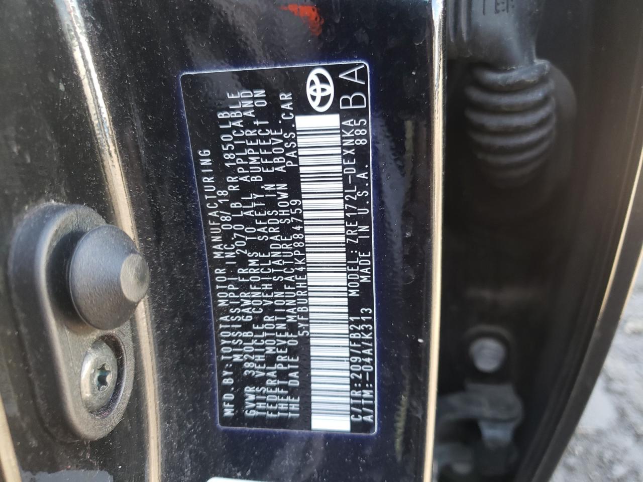 Photo 10 from auction – 2019 TOYOTA COROLLA L with VIN 5YFBURHE4KP884759