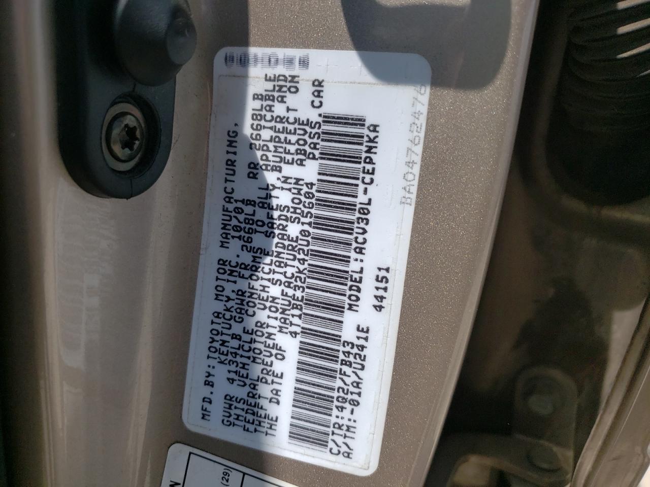 Photo 10 from auction – 2002 TOYOTA CAMRY LE with VIN 4T1BE32K42U015604