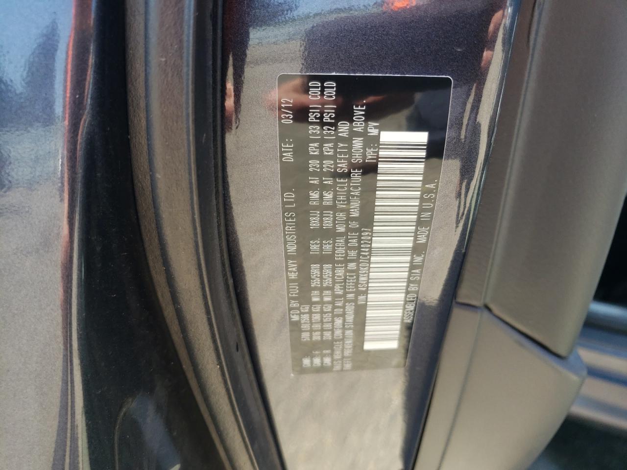 Photo 10 from auction – 2012 SUBARU TRIBECA LI with VIN 4S4WX9KD7C4402097