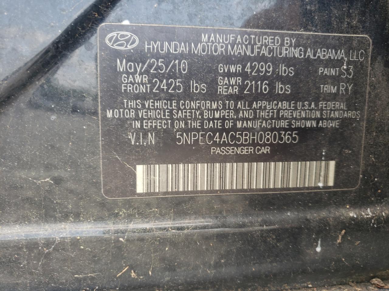 Photo 10 from auction – 2011 HYUNDAI SONATA SE with VIN 5NPEC4AC5BH080365