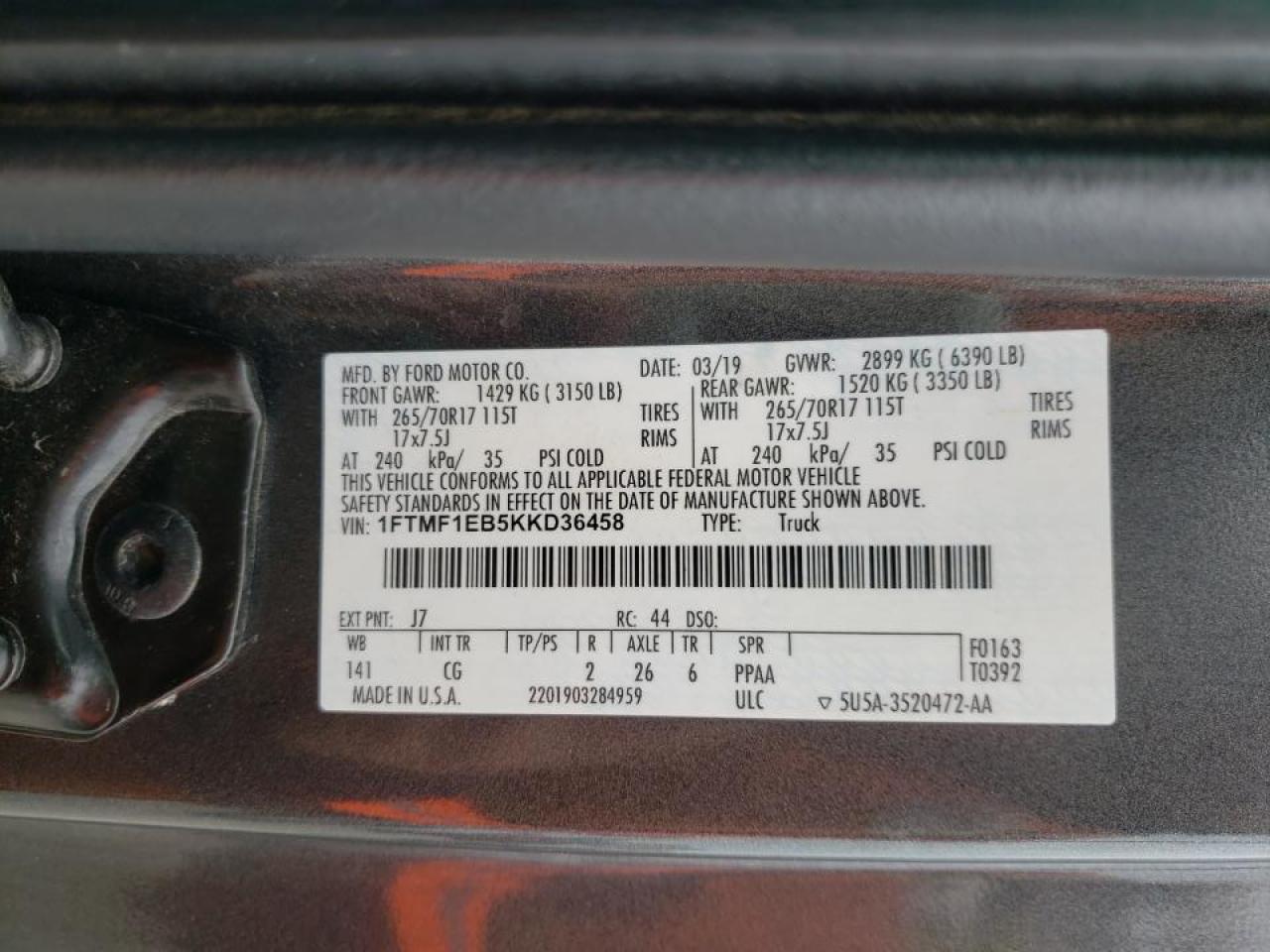 Photo 10 from auction – 2019 FORD F150 with VIN 1FTMF1EB5KKD36458