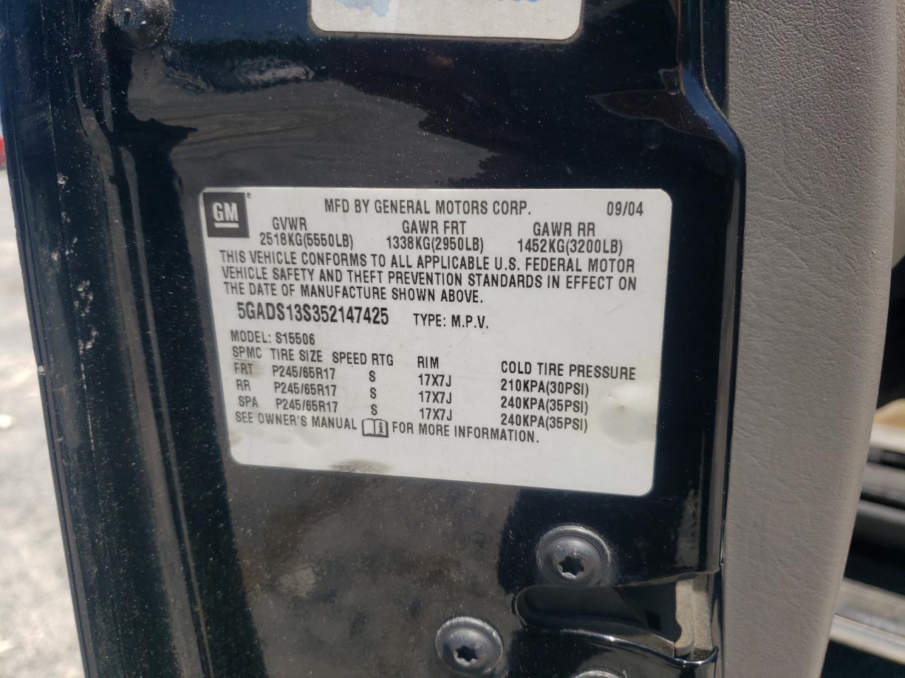 Photo 10 from auction – 2005 BUICK RAINIER CX with VIN 5GADS13S352147425