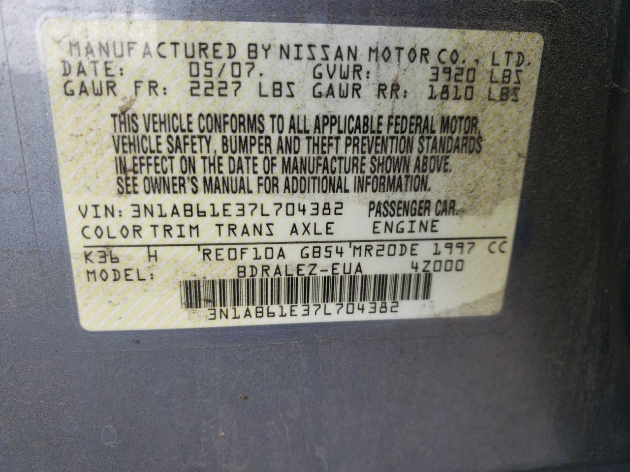 Photo 10 from auction – 2007 NISSAN SENTRA 2.0 with VIN 3N1AB61E37L704382