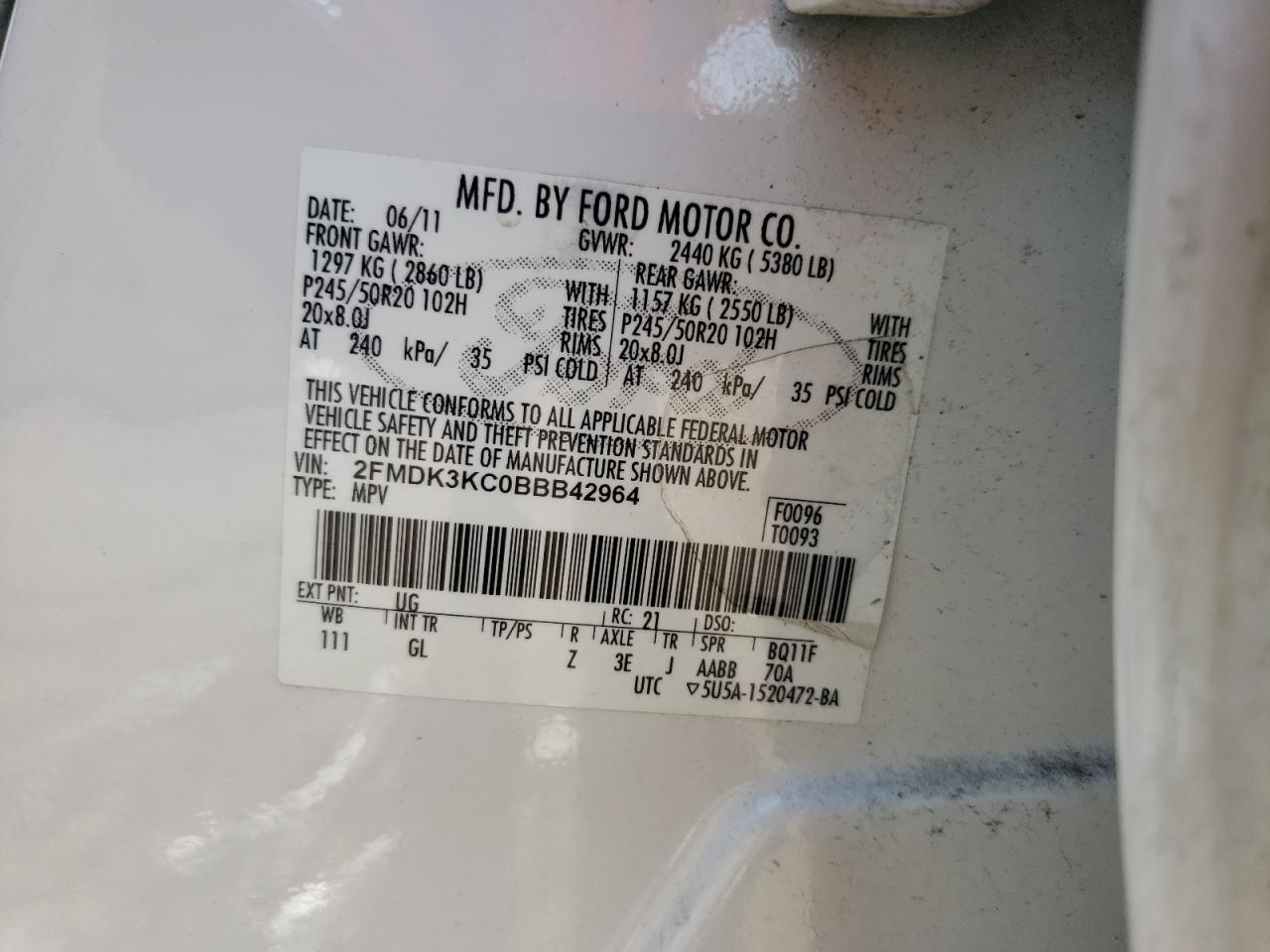 Photo 10 from auction – 2011 FORD EDGE LIMIT with VIN 2FMDK3KC0BBB42964