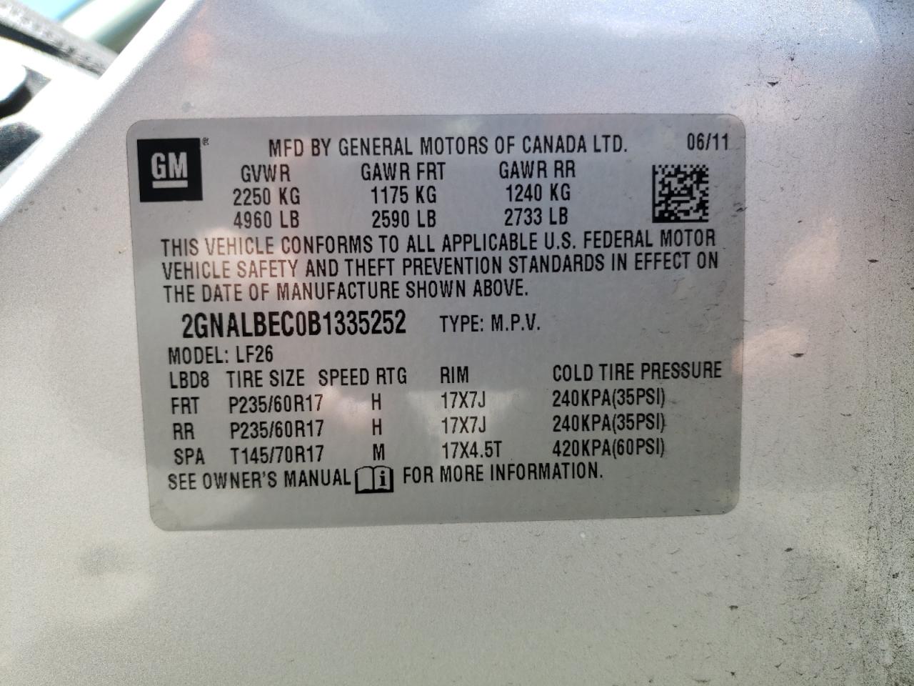 Photo 10 from auction – 2011 CHEVROLET EQUINOX with VIN 2GNALBEC0B1335252