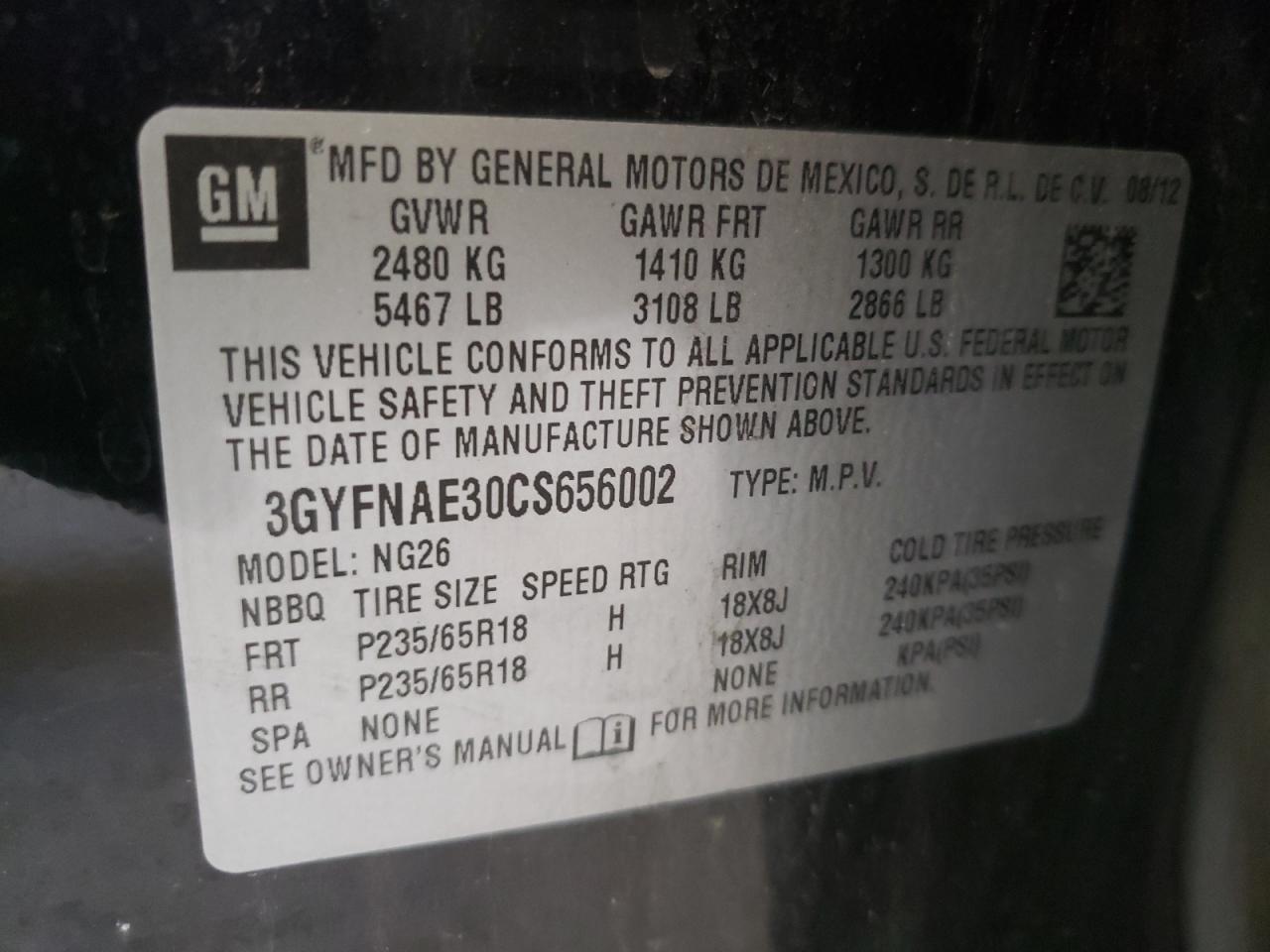Photo 10 from auction – 2012 CADILLAC SRX LUXURY with VIN 3GYFNAE30CS656002